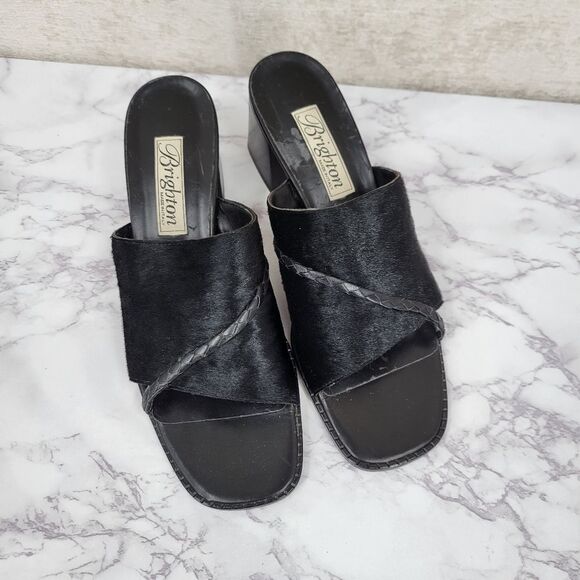 Brighton Tilly Italian Leather Calf Hair Women's Black Heeled Sandals Mules - Picture 2 of 10